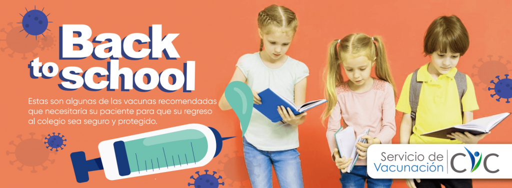 Muestra tres niños con libros en la mano. El texto principal es "Back to School"